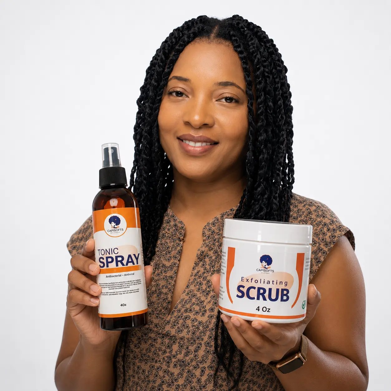 Woman with healthy curly hair using Capisofts hibiscus hair care products